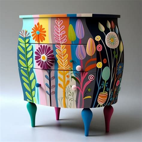 an artisticly painted chest with colorful flowers on it's sides and wooden legs