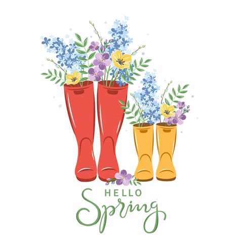 Hello spring text. Cute wellies boots with spring flowers. Garden plants. Vector illustration ...