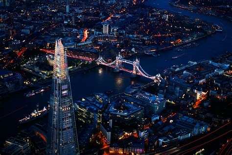 The Shard and Tower Bridge, London. Night aerial. - Aerial Photography by John MacLean