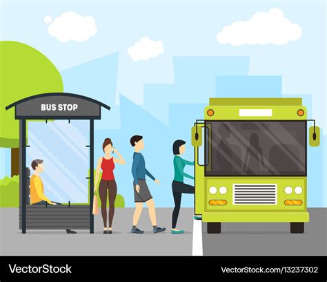 Cartoon bus stop with transport and people Vector Image