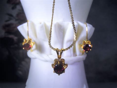 Garnet Jewelry Set, Genuine Garnet Set, Gold Plated Jewelry Set, Buttercup Belcher Settings ...