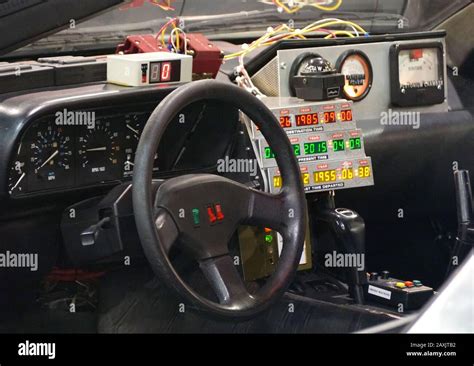 Philadelphia, Pennsylvania, U.S.A - February 9, 2020 - The interior of DMC DeLorean car used in ...