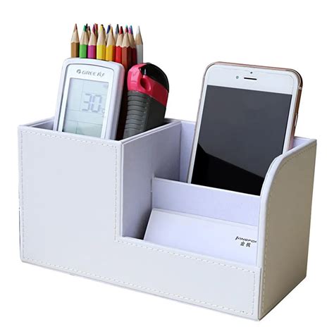 XRHYY White Wooden Pu Leather Multi function Desk Stationery Organizer Storage Box Pen/Pencil ...