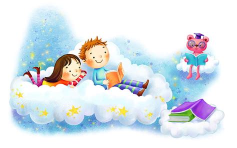 HD wallpaper: Art, Kids, Boy, Girl, Reading, Books, Clouds, Simple Background, Stars | Wallpaper ...