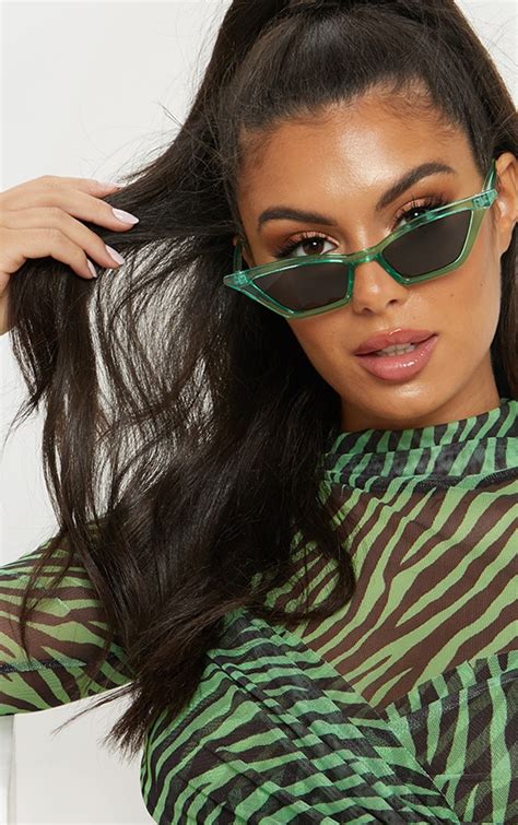 Green Narrow Slim Angular Cat Eye Sunglasses | PrettyLittleThing USA