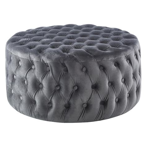 Sevilla Tufted Velvet Fabric Round Ottoman, Grey by Dodicci | Style Sourcebook