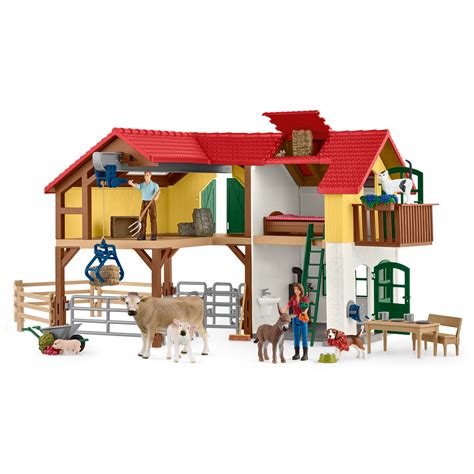 Schleich - Farm World: Large Farm House with 3 Rooms, Farmer Figurines, Animal Toys ...