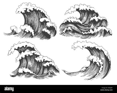 Sea waves sketch. Ocean wave set hand drawn doodle illustration, vector black and white icons ...