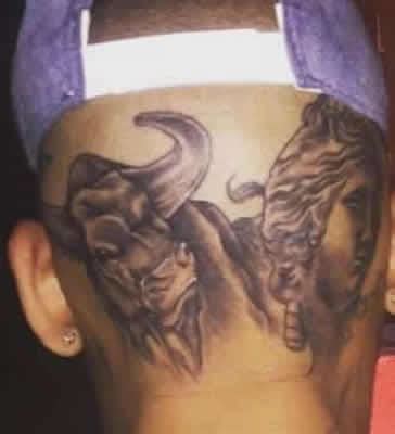 Chris Brown Extends Back-of-the-Head Ink With Angry Bull Tattoo- PopStarTats