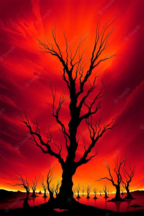 Premium AI Image | Painting of a red landscape with dry trees