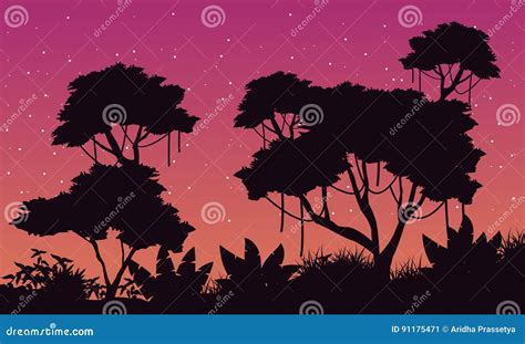 Landscape of Jungle with Big Tree Silhouette Stock Vector - Illustration of amazon, extreme ...