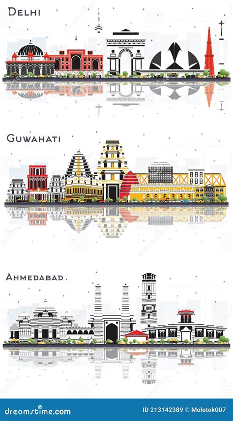 Guwahati, Ahmedabad and Delhi India City Skyline Set Stock Illustration ...