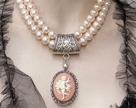 Cameo Pearl Necklace Pink Necklace Multistrand Cameo Necklace Baroque Cameo Necklace Rococo ...