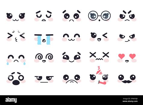 Kawaii faces. Manga face cute japanese characters, cartoon emoji facial ...