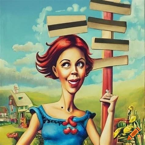 Humorous book illustration of a young woman at a t-junction signpost on ...