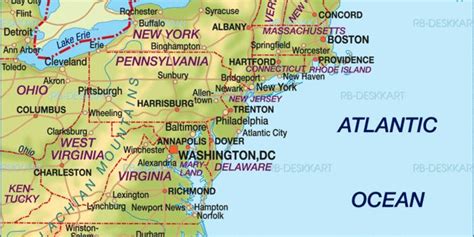 Map of East Coast USA (Region in United States) with Cities, Locations, Streets, Rivers, Lakes ...