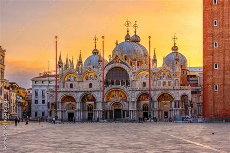 View of Basilica di San Marco and on piazza San Marco in Venice, Italy. Architecture and ...