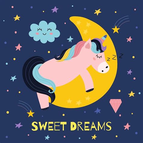 Premium Vector | Sweet dreams print with a cute unicorn sleeping on the moon good night poster ...