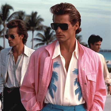 Retro wave vice Miami fashioned man in sunglasses. Sunset scene in Miami of 80's. Synth wave ...