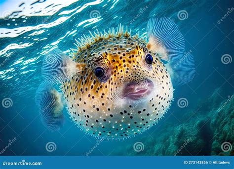 Balloon-like Inflated Puffer Fish In Blue Seawater Stock Photo ...