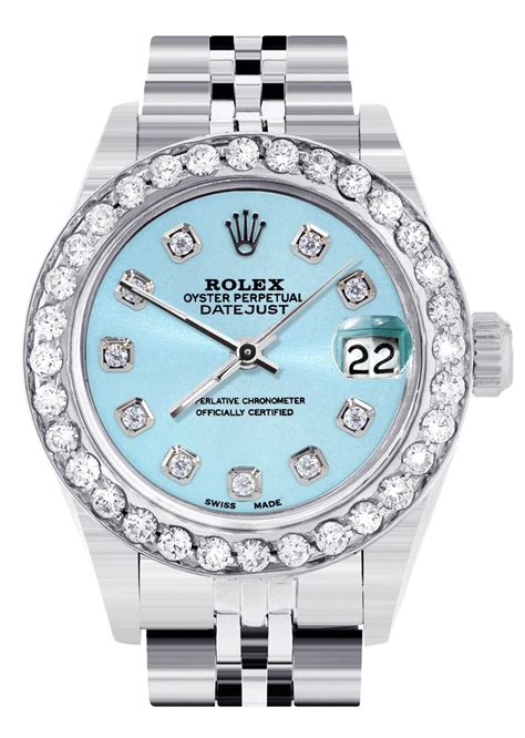 Womens Diamond Rolex Watch | 1 Carat Bezel | 26Mm | Light Blue Diamond – FrostNYC