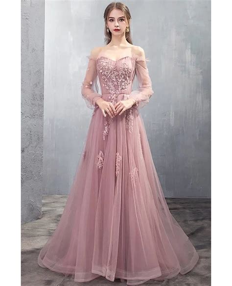 Long Tulle Rose Pink Prom Dress Off Shoulder With Appliques #DM69040 - GemGrace.com