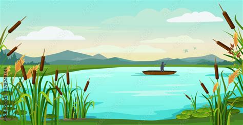 Cartoon lake landscape. Fisherman fishing in boat on pond with reeds, catching fish. Nature ...