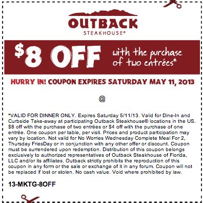 Outback Steakhouse: $8 off Printable Coupon