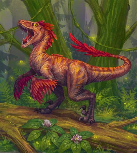 an image of a dinosaur in the jungle with its mouth open and red feathers on it's back