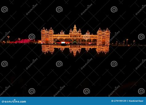 Night View of Mysore Palace in Mysuru, Karnataka, India with it S Reflection Mirror Image Stock ...