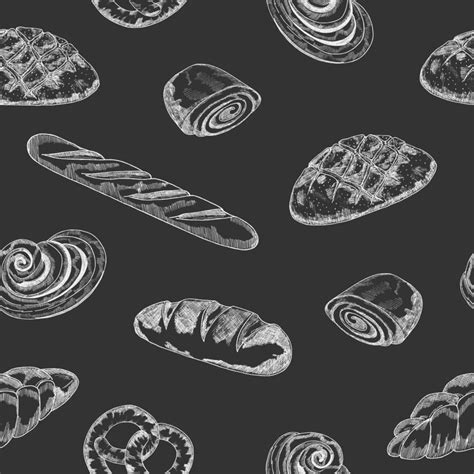 Hand-drawn seamless pattern on a black background. Background of the bakery product sketch ...