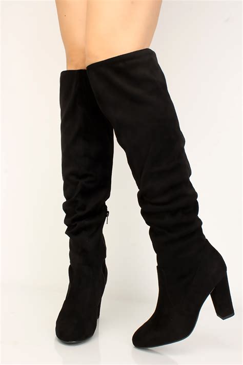 Black Ruched Faux Suede Chunky High Heel Boots - Women of Edm