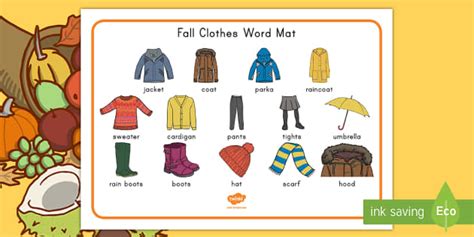 Fall Clothes Vocabulary Card Mat (teacher made) - Twinkl