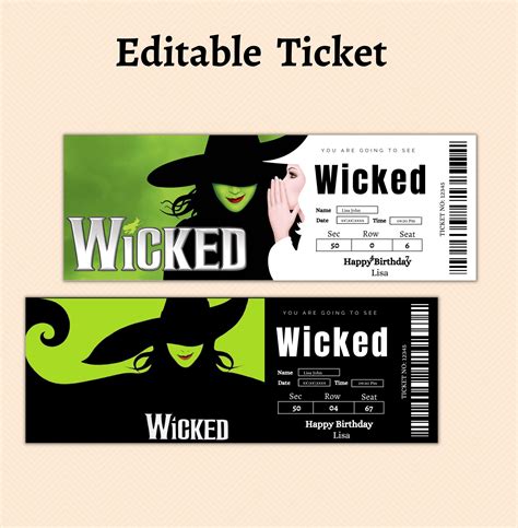 Editable Wicked Musical Surprise Reveal Tickets, Wicked Musical Gift Ticket Template, Custom ...