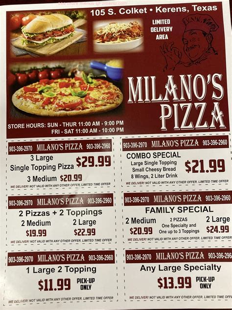 Menu at Milano's Pizza pizzeria, Kerens, 105 S Colket Ave