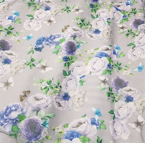 Gray Floral Printed Chiffon Fabric Print Chiffon Flowers on a | Etsy