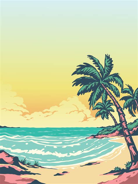 Retro vintage beach with coconut tree at sunset background illustration 25769920 Vector Art at ...