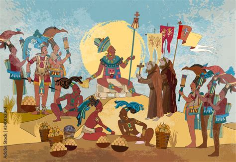 Ancient Mayan. Mural Painting. Old frescos. Conquistadors and Aztec and Inca people. Pyramid and ...