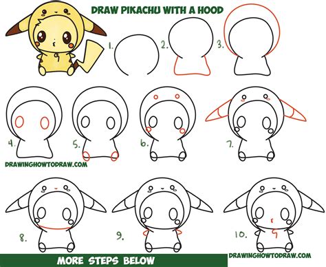 How to Draw Cute Pikachu with Costume Hood from Pokemon (Kawaii / Chibi Style) Easy Step by Step ...