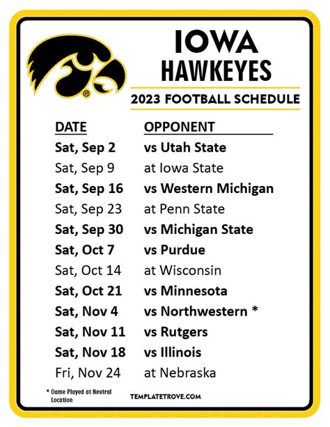 Printable 2023 Iowa Hawkeyes Football Schedule