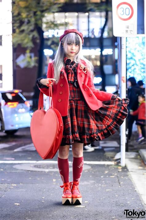 Harajuku Idol in Black & Red Street Style w/ Fangs, Plaid Dress, Rocking Horse Shoes, Giant ...