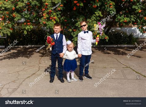 Three Happy Children School Uniforms Outdoors Stock Photo 2037998015 ...