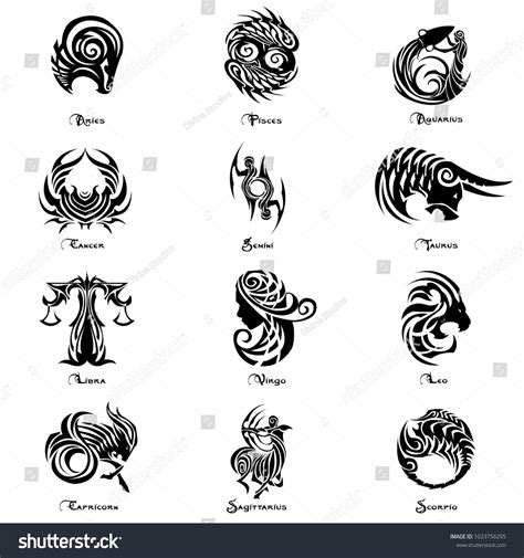 Zodiac Tattoo Vector Set: เวกเตอร์สต็อก (ปลอดค่าลิขสิทธิ์) 1023756295 | Shutterstock