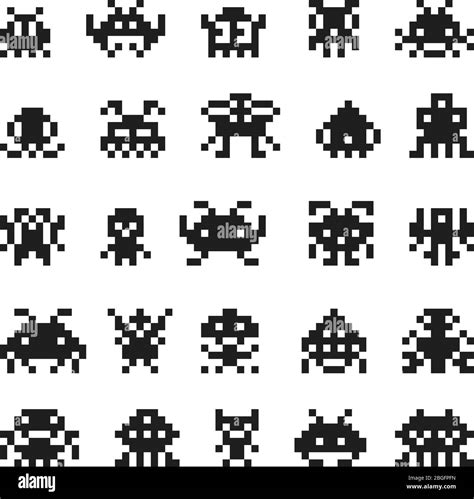 Pixel monster space invaders vector silhouette 8 bit icons. Illustration of monster pixel for ...