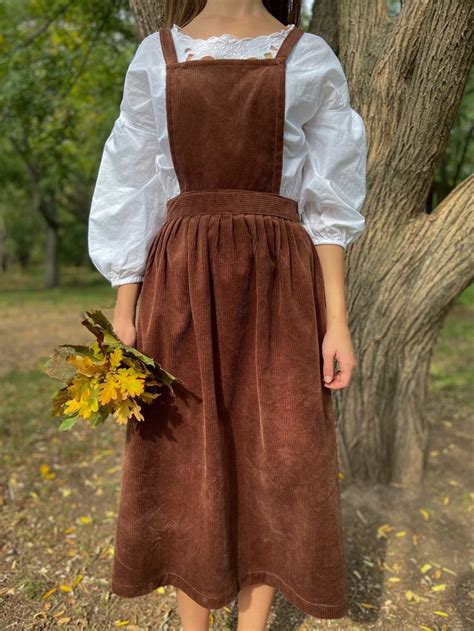 Brown Pinafore Apron Dress + Pleated Midi Skirt, Corduroy Vintage Midi Dress, Victorian Overall ...