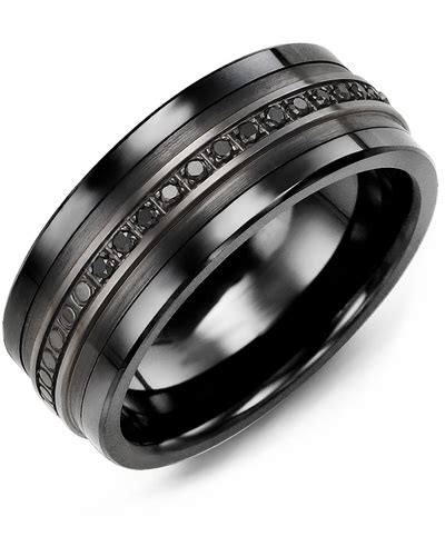 Men's Eternity Black Diamond Wedding Ring in Black Ceramic Black Gold 15 Black Diamonds 0.15ct ...