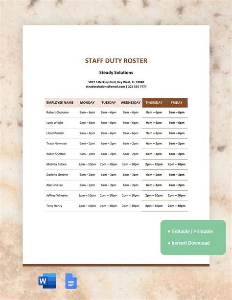 Employee Duty Roster Template in Google Docs, Word - Download | Template.net