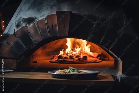 Cooking italian pizza in a wood-fired stone oven. Created with ...