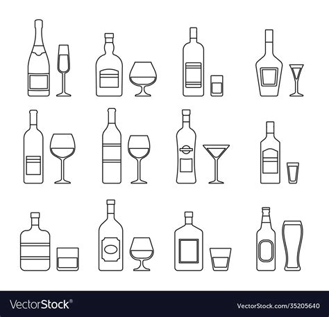 Outline icons alcohol bottles beverages Royalty Free Vector