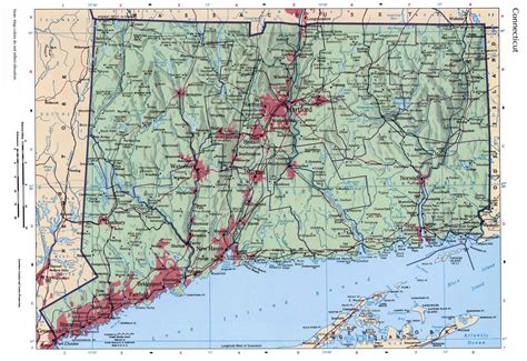 Large detailed roads and highways map of Connecticut state with relief and all cities ...